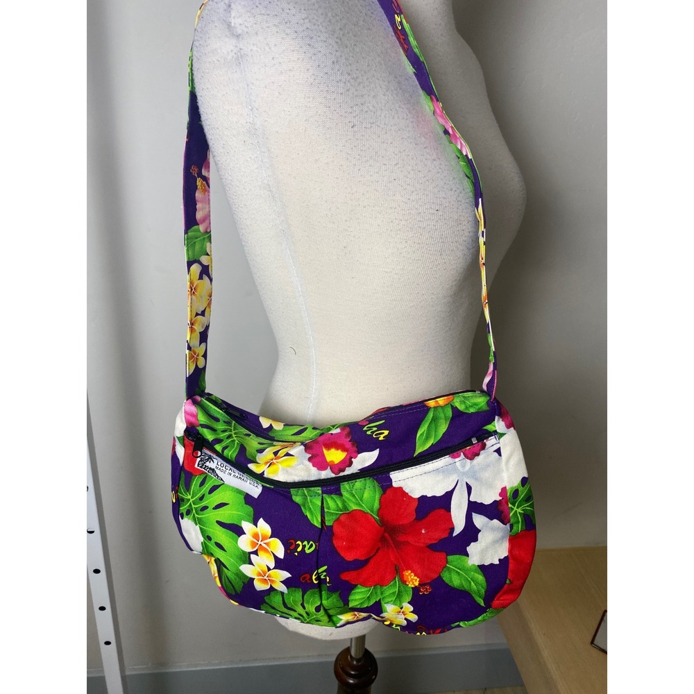 Local Design Hawaii Vintage 90s Tropical Floral Canvas Shoulder Bag Purple Hobo